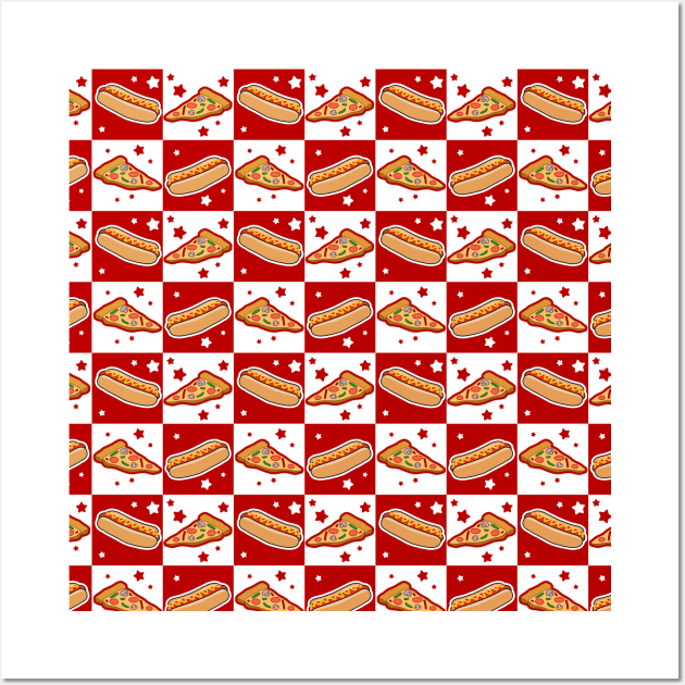 Hotdog Pizza Fastfood Checkered Pattern Wall Art by saradaboru